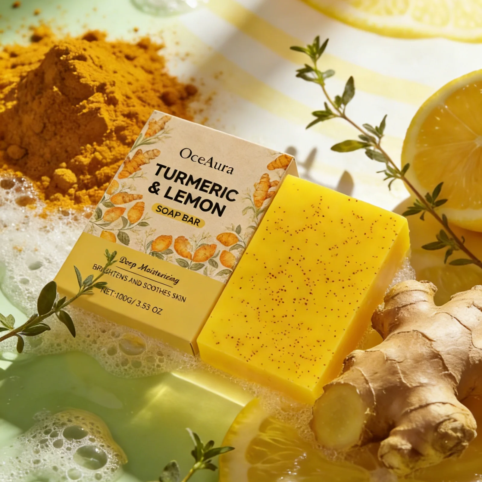 

Мыло OceAura с лимонной куркумой, увлажняющее, осветляющее кожу, улучшающее тусклость, глубокое питание, медовое осветляющее мыло с куркумой