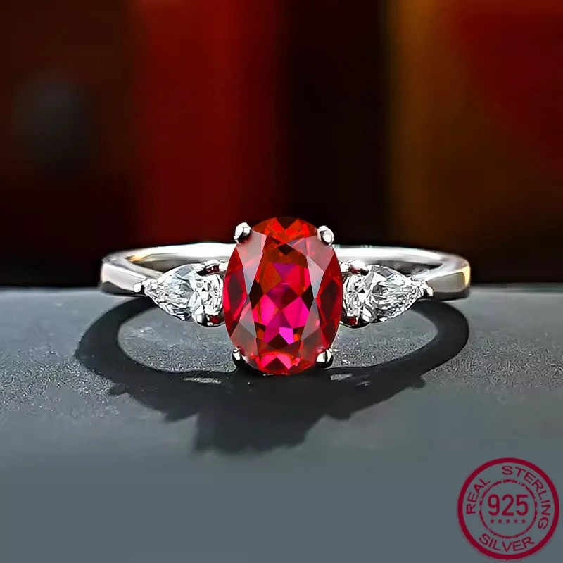 

New 1.5ct Pigeon Blood Red Ring for Women 925 Silver Three Stone Set with 925 Silver Gold Plated Daily Wedding Jewelry
