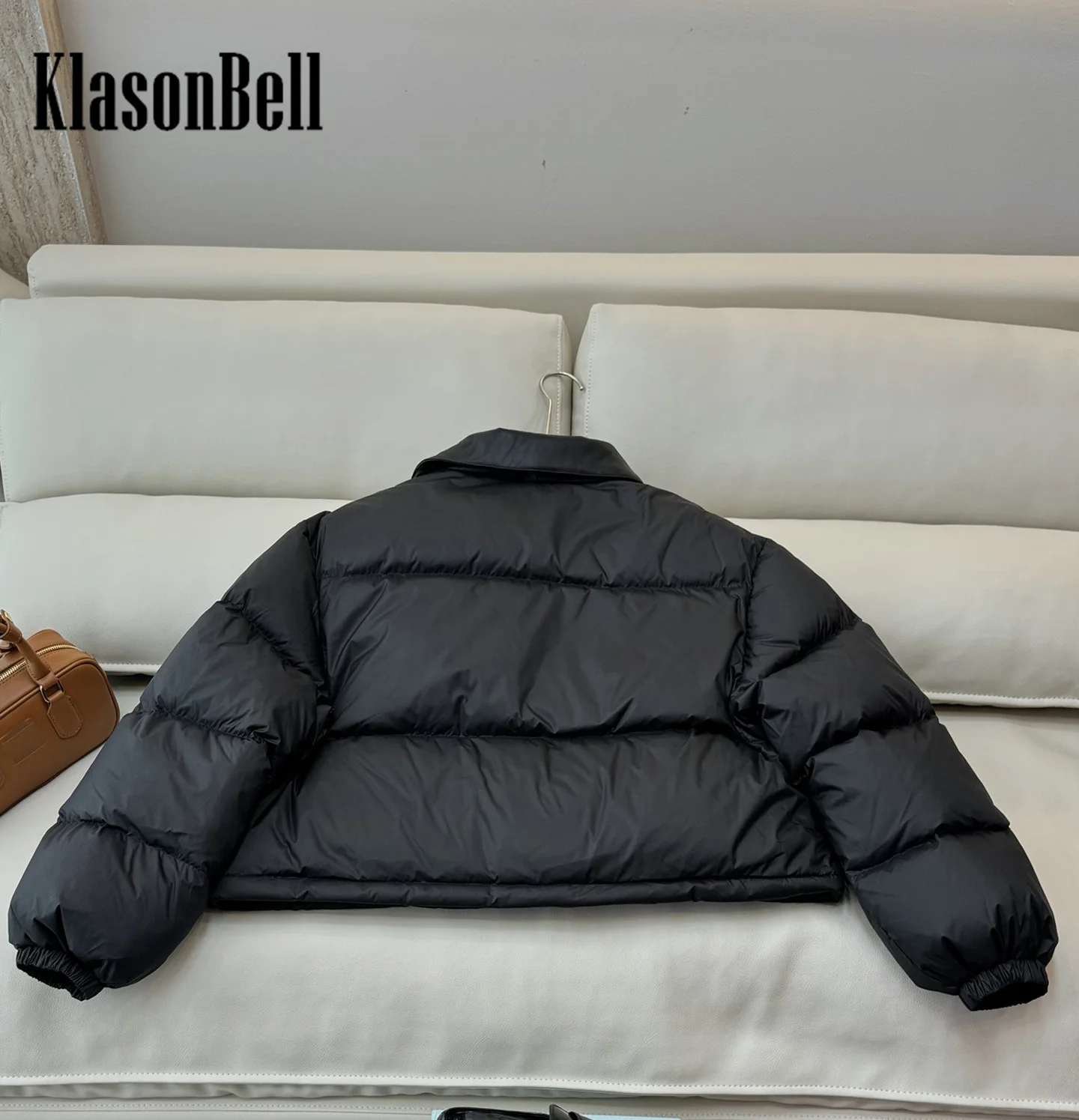 9.23 KlasonBell Women Clothes Letter Loose Down Jacket Leather Lapel Collar Button Pocket Zipper Short Fashion Duck Down Coat