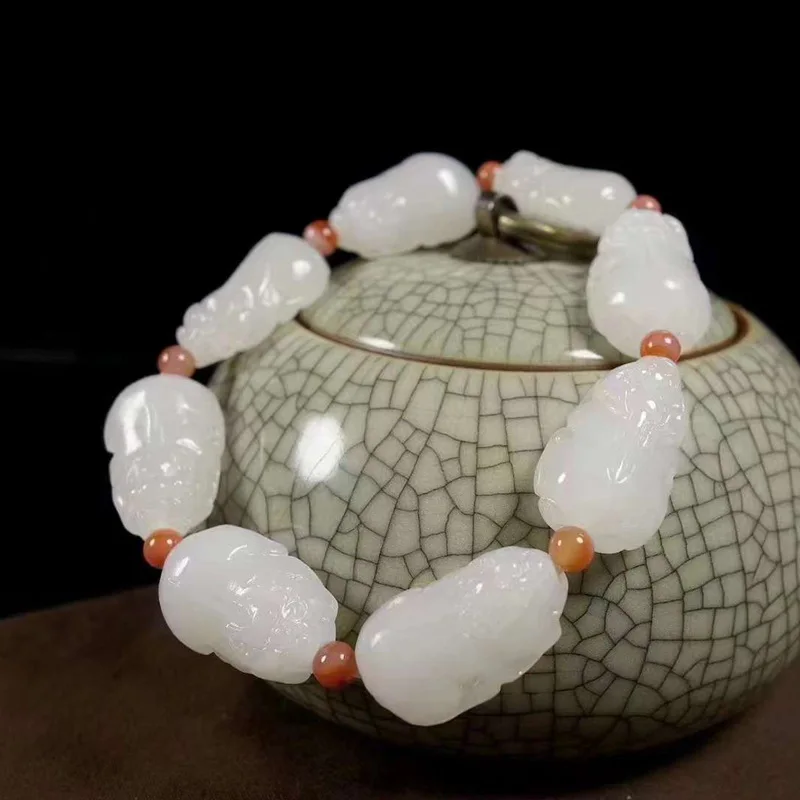 Natural Hetian Qinghai Old Material Pixiu Sheep Fat Grade White Jade Bracelet