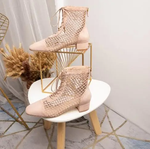 Carpaton Newest Mesh Grid Chunky Heels Lace-up Sandal Boots Women Summer Sexy Cutouts Shoes Nude Black Wine Red