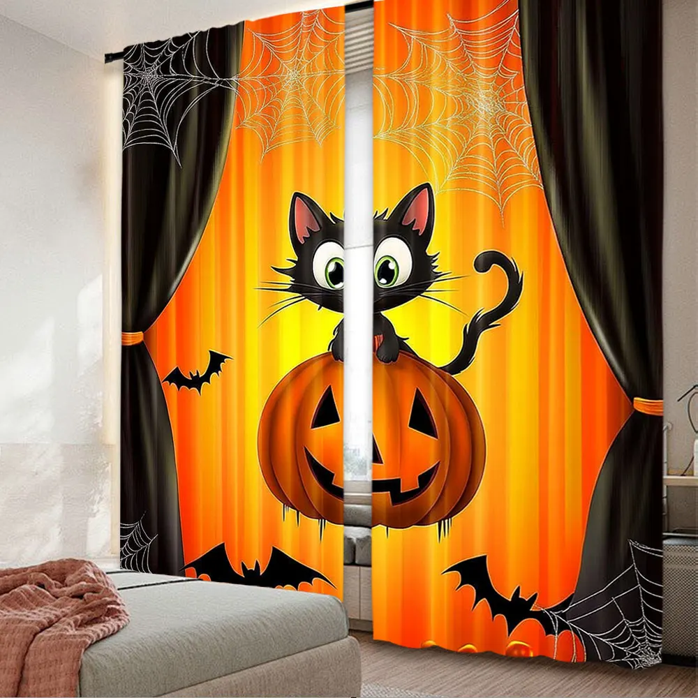 2Pcs Funny Halloween Curtains Scary Halloween Black Cat Pumpkin Cartoon Holiday Decor Window Drapes For Bedroom Bathroom