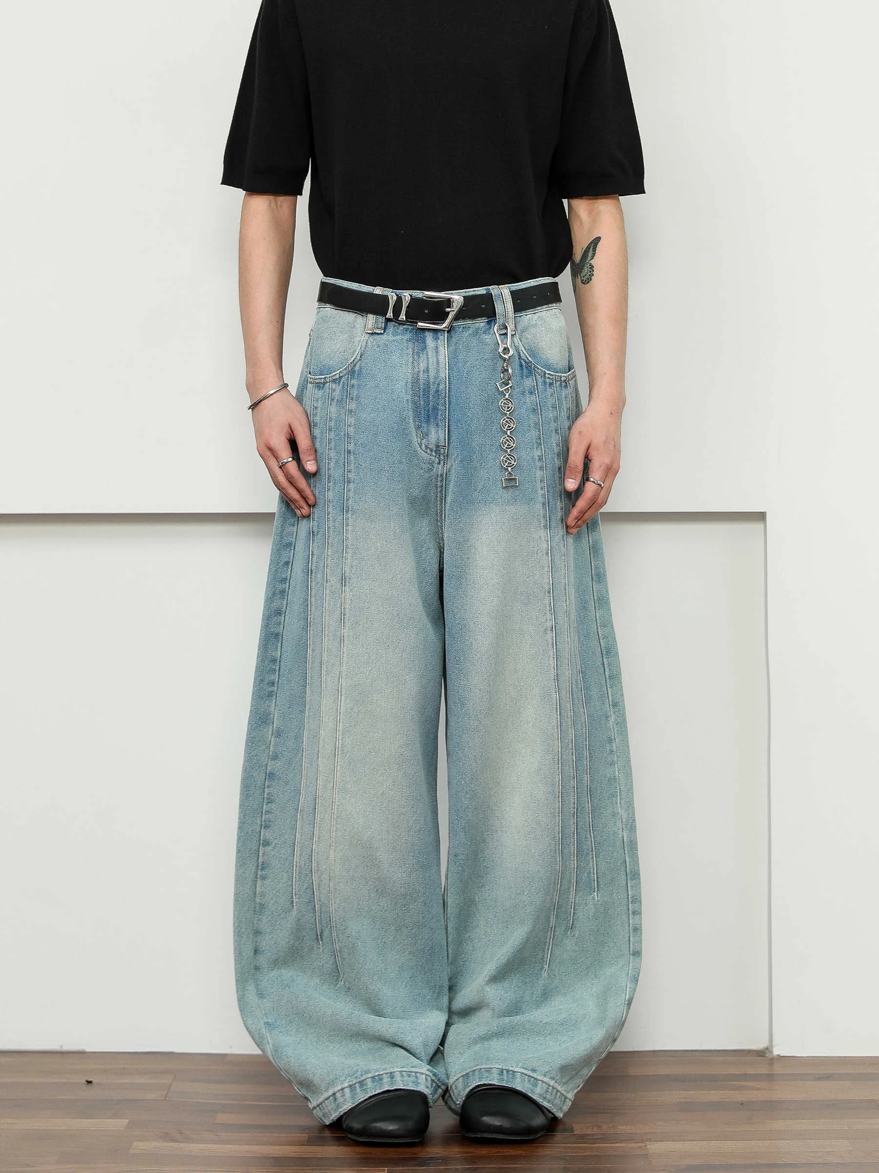 

American Retro Three Bar Stripe Sewing Line Straight Leg Jeans Men Spring Autumn New Casual Light Blue Floor Length Pants