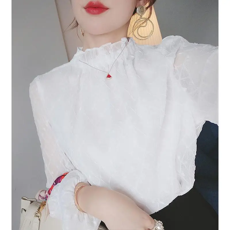 Elegant Embroidery Ruffled Neck Flare Sleeve Oversized Chiffon Shirt 2022 New Casual Tops Loose Commute Women\'s Clothing Blouse