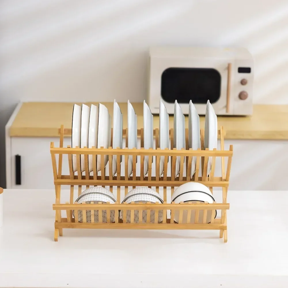 

Bamboo Dish Rack Space Saving Antibacterial Drainer Shelf Natural Wood Highcapacity Kitchen Countertop Adjustable Utensil Holder