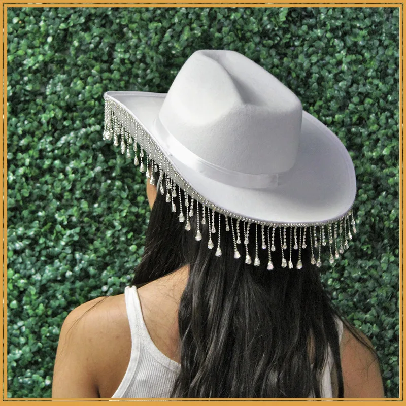 Rhinestone Fringe zachodni kapelusz kowbojski Tiara kapelusz kowbojski zachodni styl dziewczyna szerokie rondo czuł Cowgirl kostium z czapką na