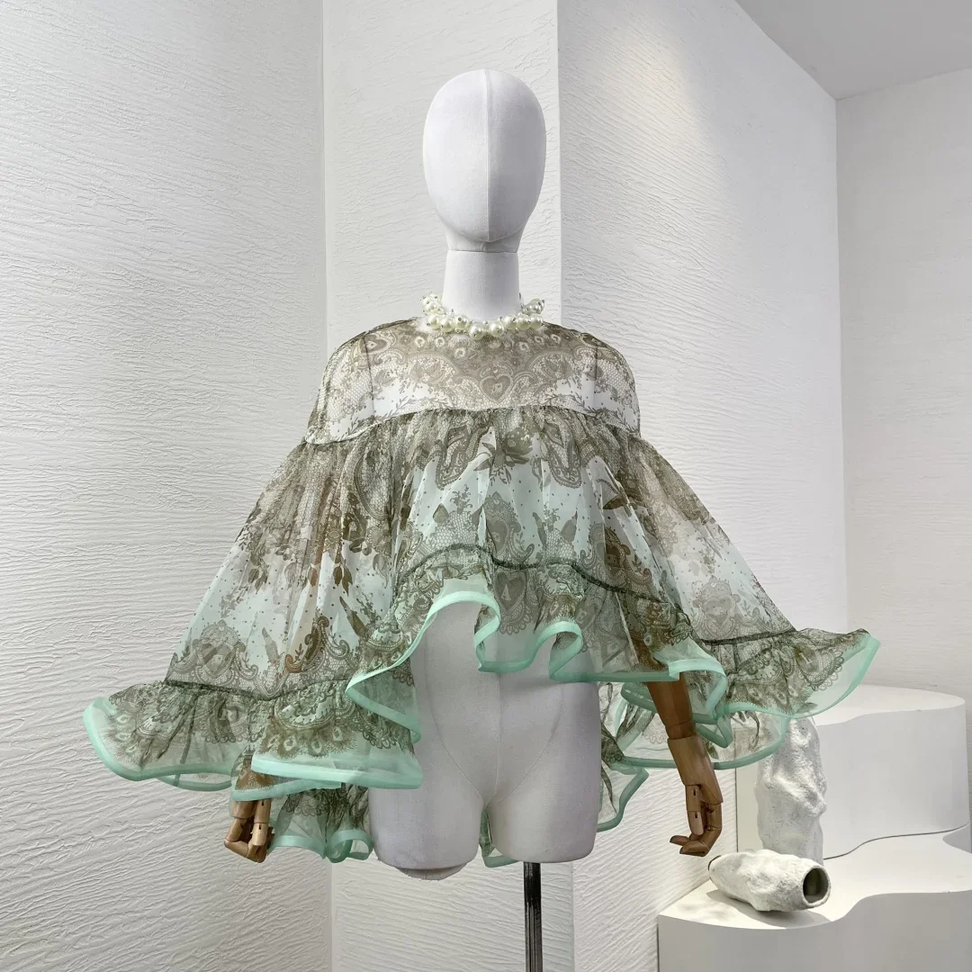 

Spring Summer High Quality 2025 New Pure Silk Mint Green Pearl Irregular Hem Ruffles Tops and Irregular Hem Skirt Set Outfit