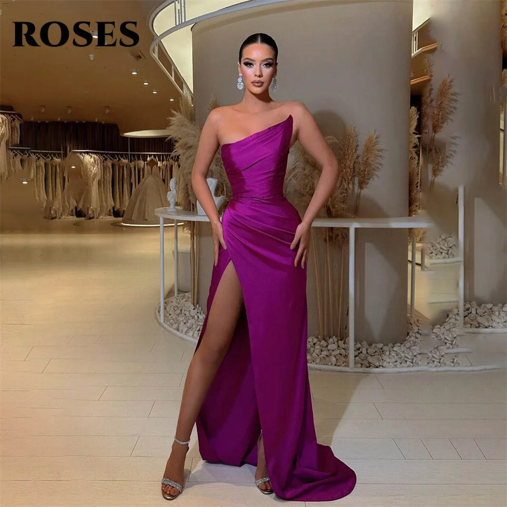 

ROSES Fuchsia Stain Elegant Sexy Wedding Party Dress Side Split Celebrity Dress Sleeveless Special Occasion Dress robes du soir