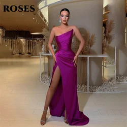 ROSES Fuchsia Stain Elegant Sexy Wedding Party Dress Side Split Celebrity Dress Sleeveless Special Occasion Dress robes du soir