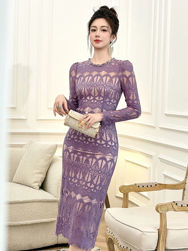 Women's Elegant Romantic Party Dress Lady Chic Sheer Lace Hook Flower Hollow Colored Diamond Neckline Robe Femme Prom Vestidos