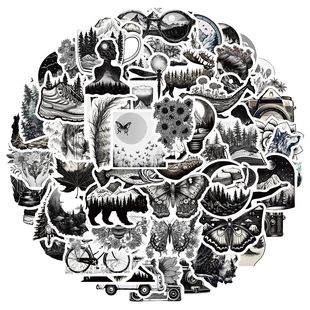 

10/30/60pcs Outdoor Travel Natural Landscape Stickers Black White Art Graffiti Sticker Suitcase Guitar Notebook Cool Decals Toys
