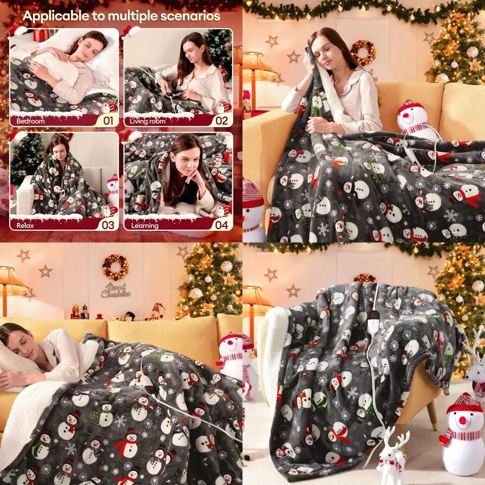 

62x84 Gray Snowman Electric Heated Blanket with 6 Temperature Settings and 10-Hour Auto-Off for Couch or Bed, Machine Washable,
