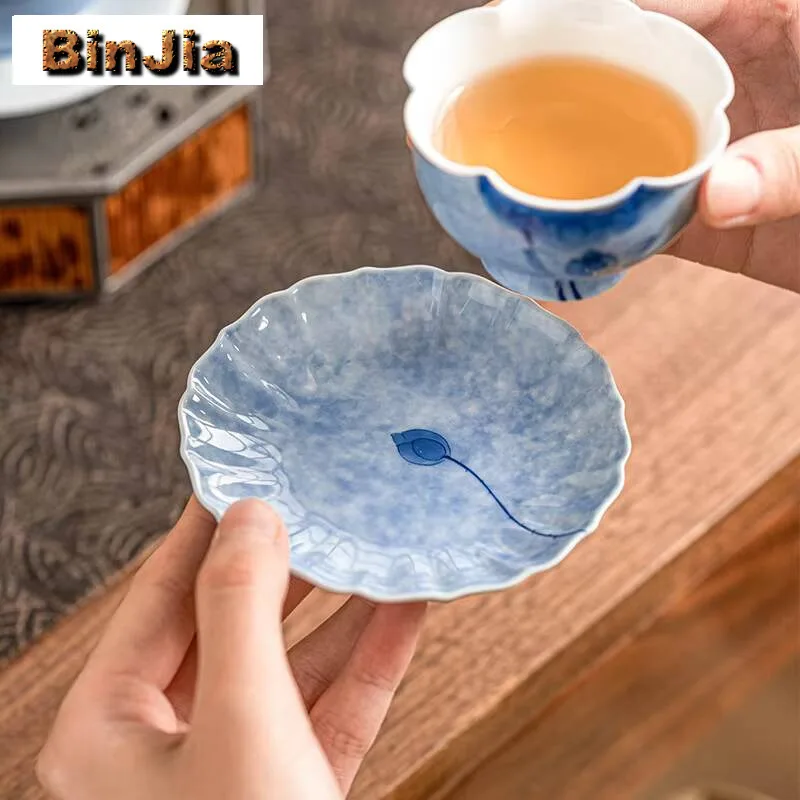 2 قطعة/مجموعة الوقايات اللوتس الزرقاء المرسومة يدويًا لأكواب القهوة المنزلية العزل الحراري المفارش شاي بالأعشاب المزهرة اكسسوارات هدية