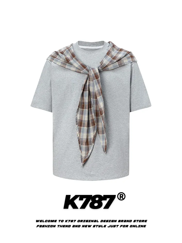 

Футболка унисекс K787 в американском ретро-стиле с клетчатым узором, свободного кроя, с коротким рукавом, из хлопка, для лета, с охлаждающим эффектом