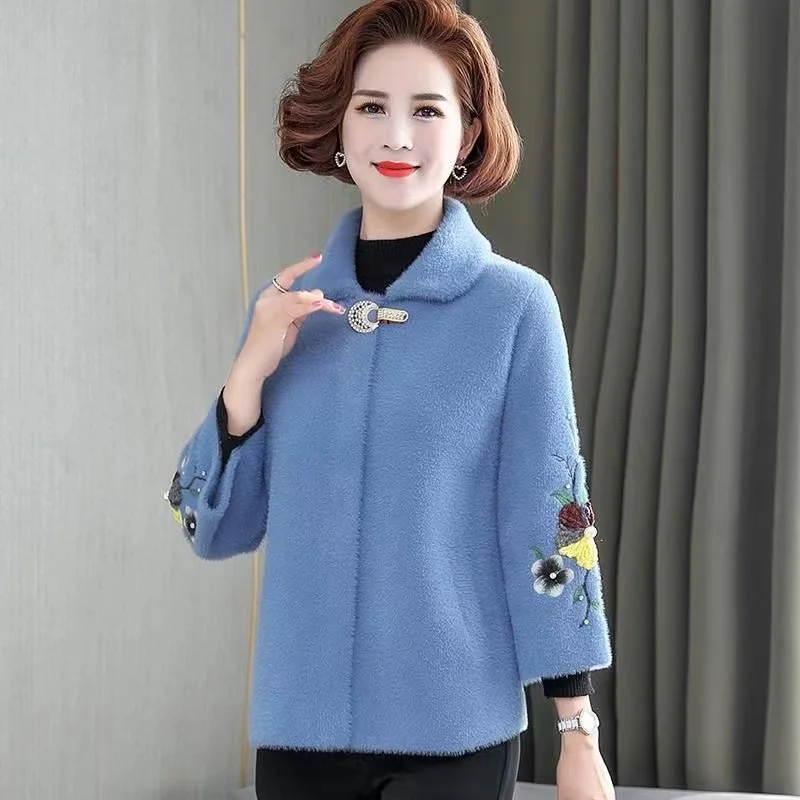 Mother Winter Jacket Short Thicken Imitation Mink Cashmere Coat Middle Aged Women Knitted Cardigan Jacket Female Woolen Overcoat