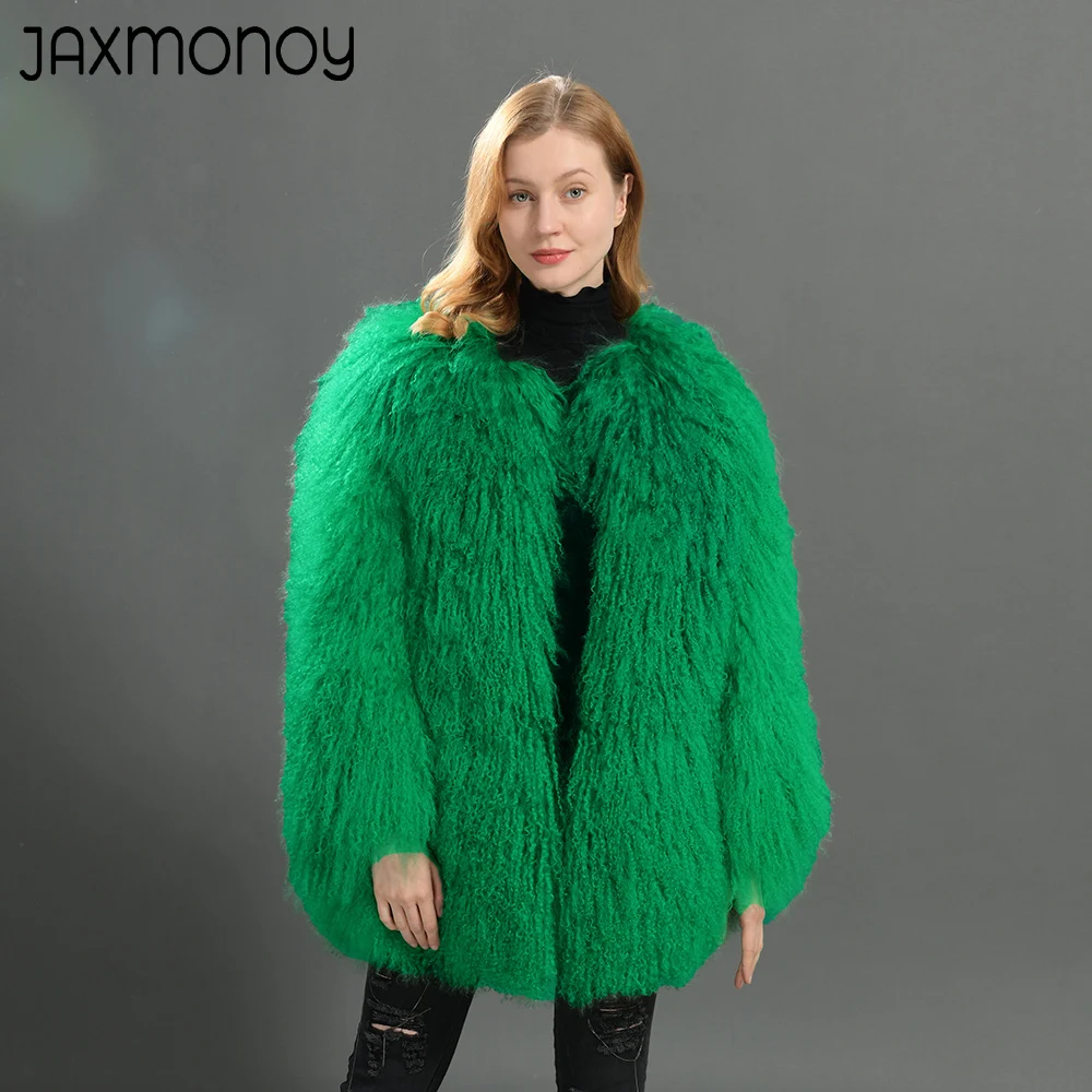 Jaxmonoy Women's Real Mongolian Sheep Fur Coat Fall Winter Warm Ladies Fluffy Fur Coats 2024 New In Outerwear Female Fur Jacket