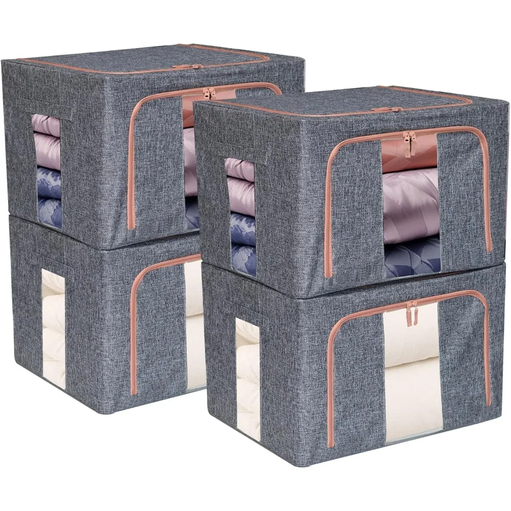 Linen Clothing Storage Box, 4 Sturdy Closet Organizer and Metal Frame, 2 Openings, Fabric Visible Lid Storage Box