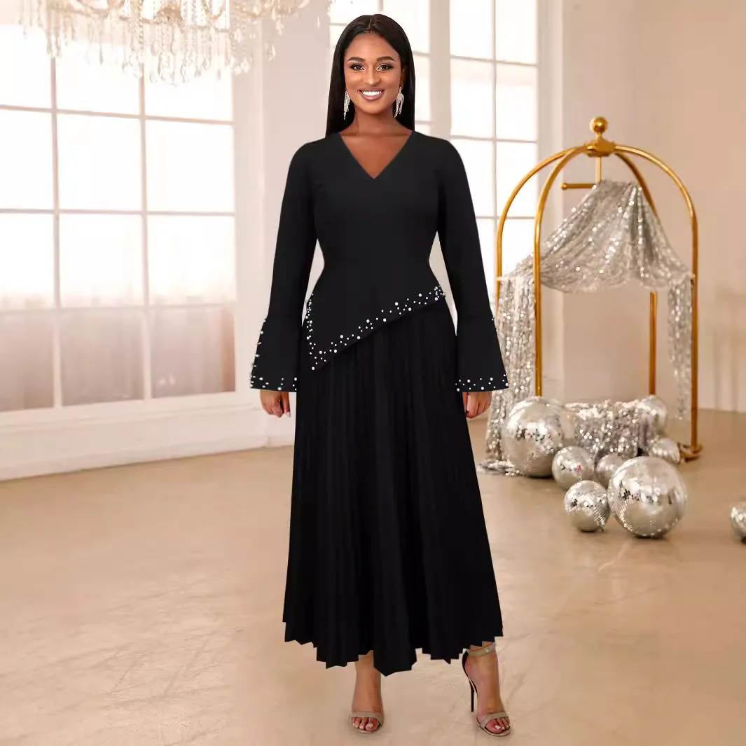 Flared Sleeves Pleated Dress for Women 2024 V-neck High Waist Rhinestone Black Evening Dress Split-side Party Dress