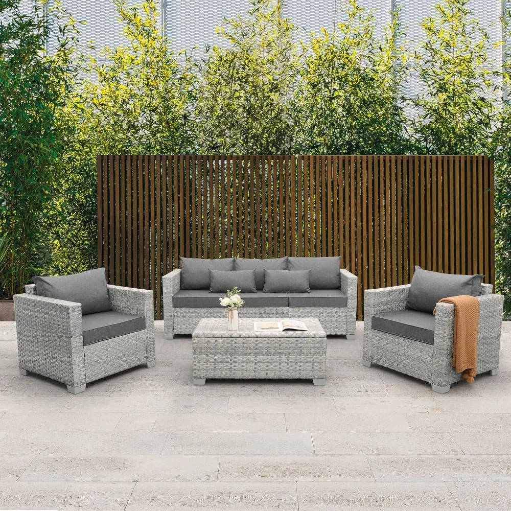 4-Piece Wicker Patio Furniture Set, PE Rattan Sectional Sofa with Storage Table, All-Weather Outdoor Conversation Sets for Deck