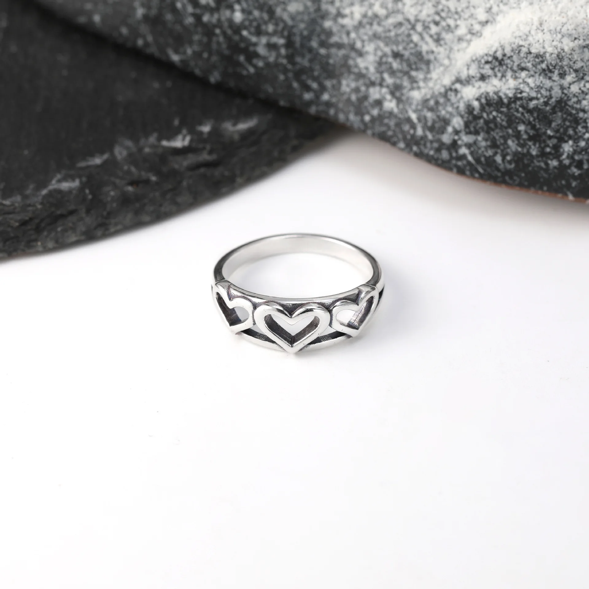 S925 Silver Triple Hollow Heart Band Ring Connected Open‑Work Love Finger Ring Dainty Stackable Jewelry Gift for Women