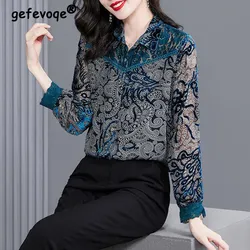 Autumn Vintage Printed Elegant Chic Sexy Lace Patchwork Office Lady Button Up Shirt High Quality Fashion Blouse Top Women Blusas