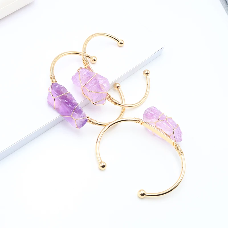 Irregular Geode Stone Crystal Amethyst Bangle for Women Boho Resizable Bracelet Jewelry