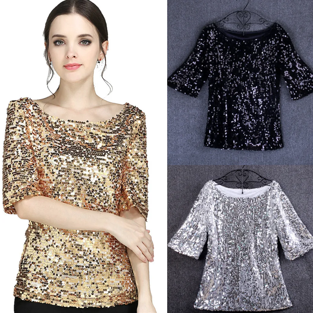 Women Lady Sequin Stitching T Shirt Glitter Sparkle Club Party Fashion Bling Short Sleeve Shirt Tops Summer Shirt Women Clothing