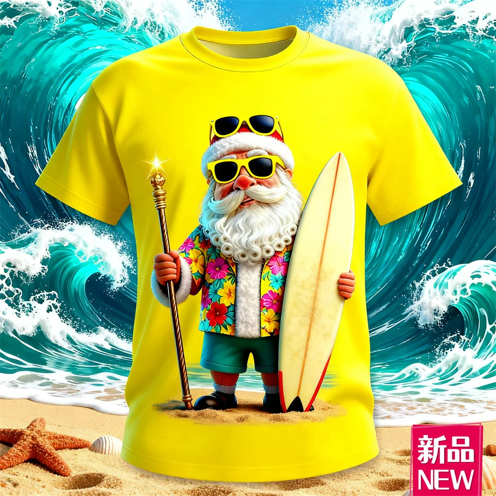 

3D Print Surfing Santa Clause Graphic Men's T-Shirts Funny Christmas Theme Short Sleeve O-Neck Tees Loose Casual Breathable Tops