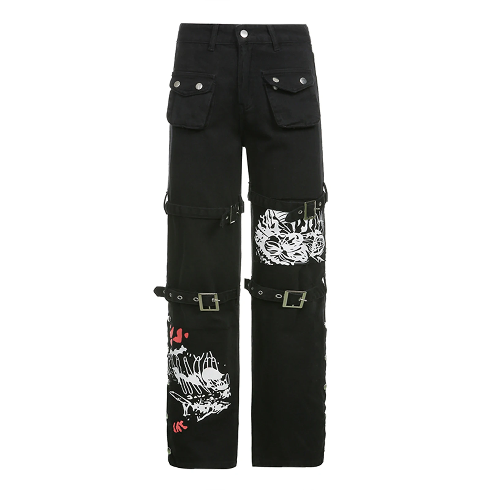 Pantalones vaqueros de cintura alta para mujer, ropa con hebilla de Metal, cinturón alargado, estilo oscuro, ropa de calle, Primavera, Y2K