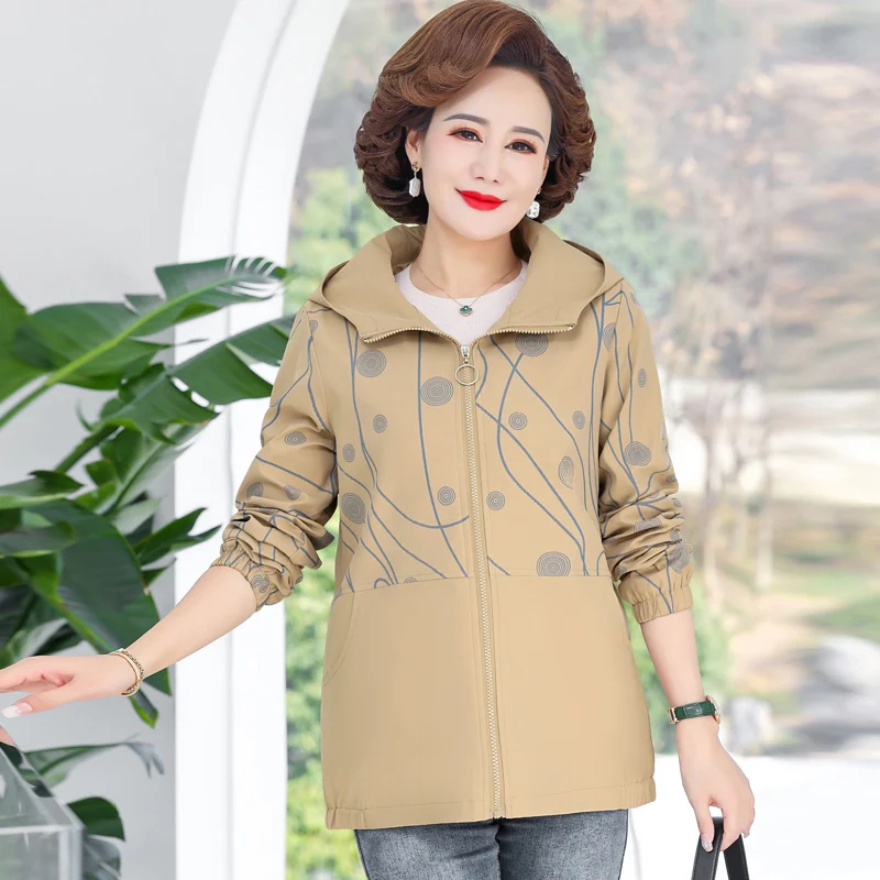 Klassische Outdoor-Kapuzenjacke, Herbst, Übergröße, neue Jacke, Damen, bedruckt, modische Straßenjacke mittleren Alters