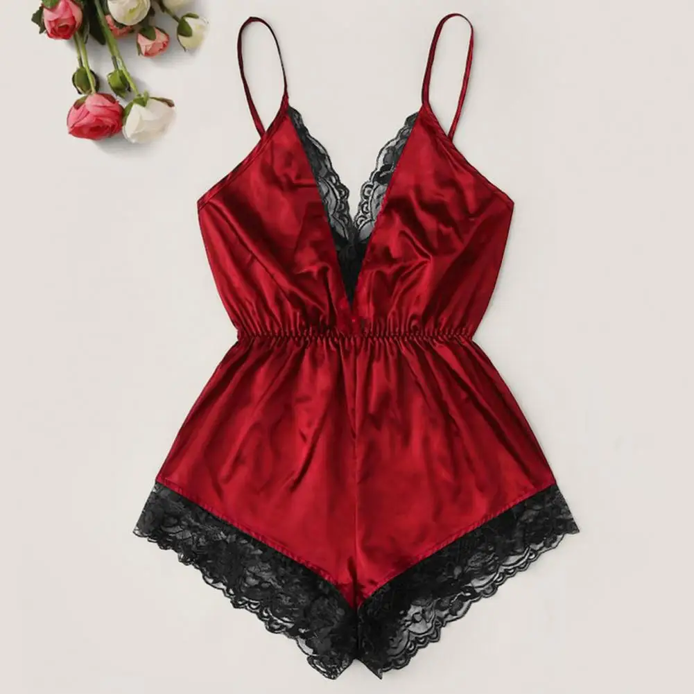 

1Pc Sexy Crotchless Nightwear Women Lace Pajamas Set Y2k Bodysuits Deep V Neck Erotic Pajama Sets Summer Backless Shorts Suit