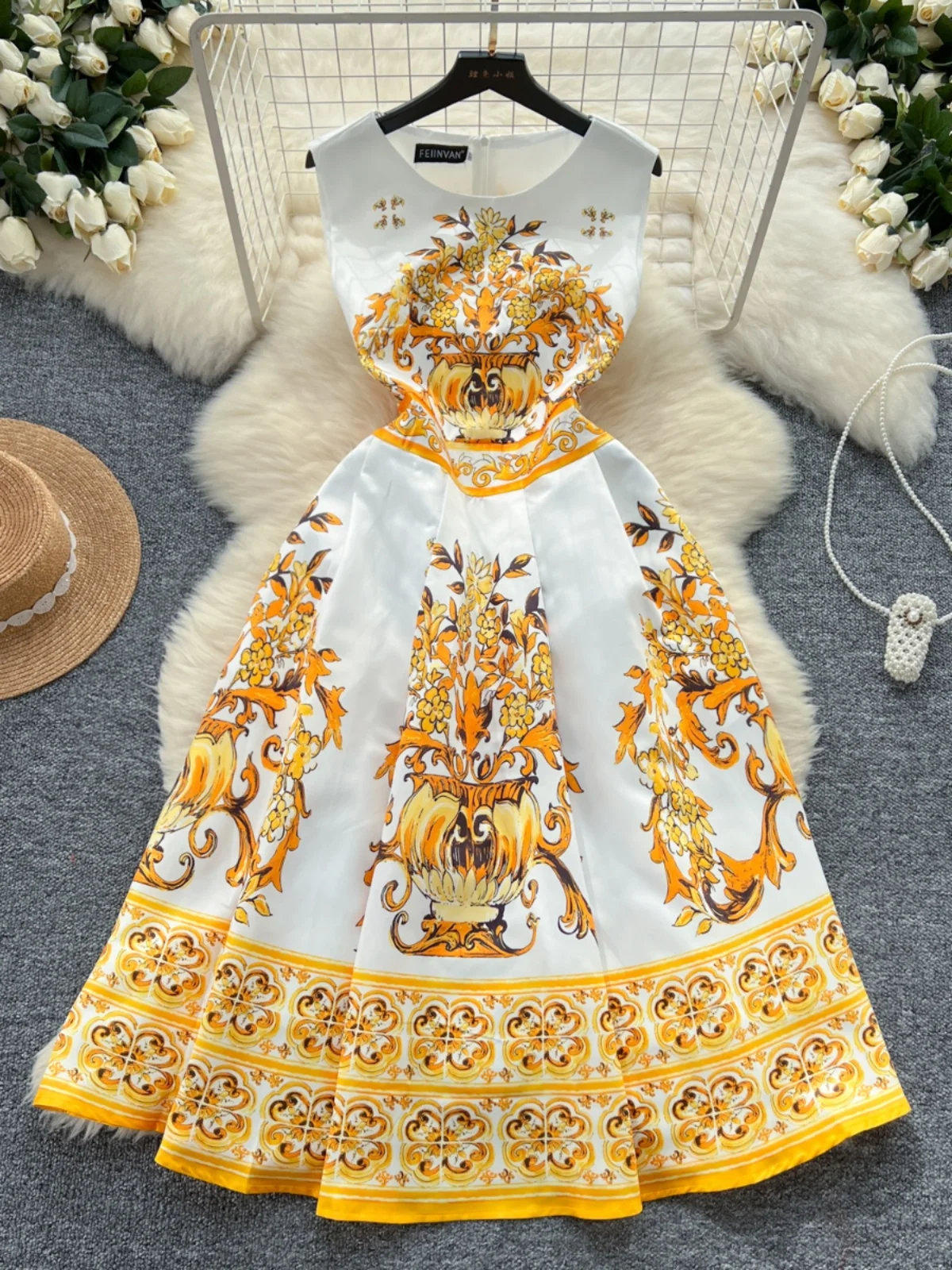 กระโปรงเอวสูงทรงเอ midi สำหรับผู้หญิง แฟชั่นสไตล์เรโทร ลายพิมพ์ ช่วยให้ดูผอม ทรงเข้ารูป คอกลม สไตล์เกาหลี เหมาะสำหรับใส่ไปทำงาน ฤดูใบไม้ผลิ