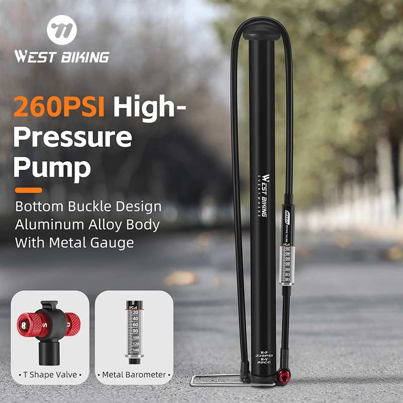 WEST BIKING 260PSI High Pressure Bicycle Pump With Tire Gauge Schrader/Presta Valve Floor Pump Extension Hose Cycling Accesories