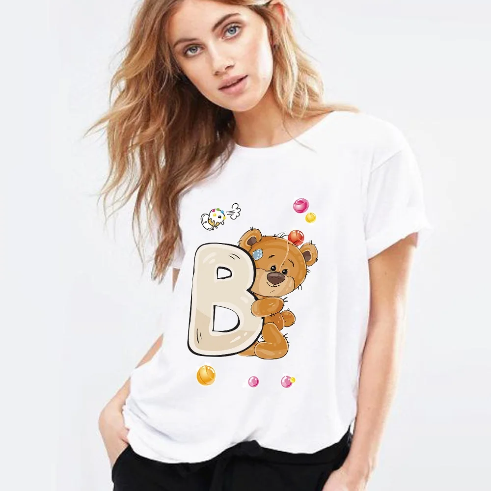 Women Clothing Ladies Cartoon Pattern Short Sleeve Spring Summer O-neck T-Shirt Bear Printing Women's T-Shirt Casual Tops