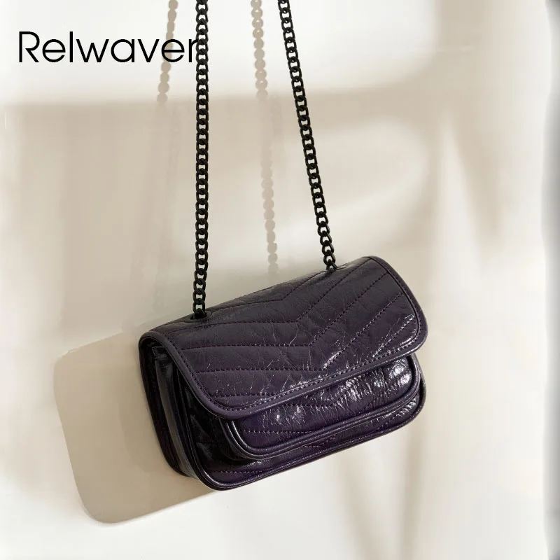 

Relwaver genuine leather shoulder bag mini cow leather messenger bag 2024 winter fashion flap quill tread small purple women bag