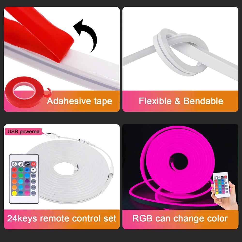 5V USB RGB Neon Light Led Strip with Adhesive 24key IR Remote Control Kit 108LED Flexible Tape 6x12mm 1m 2m 3m 4m 5m Home Decor