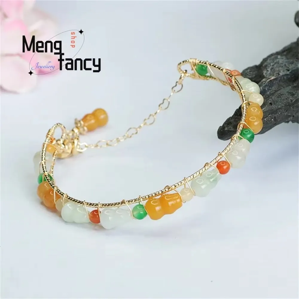 Natural Jadeite Fortune and Longevity Gourd Colourful String Bracelet Exquisite Elegant Simple High-grade Luxury Quality Jewelry