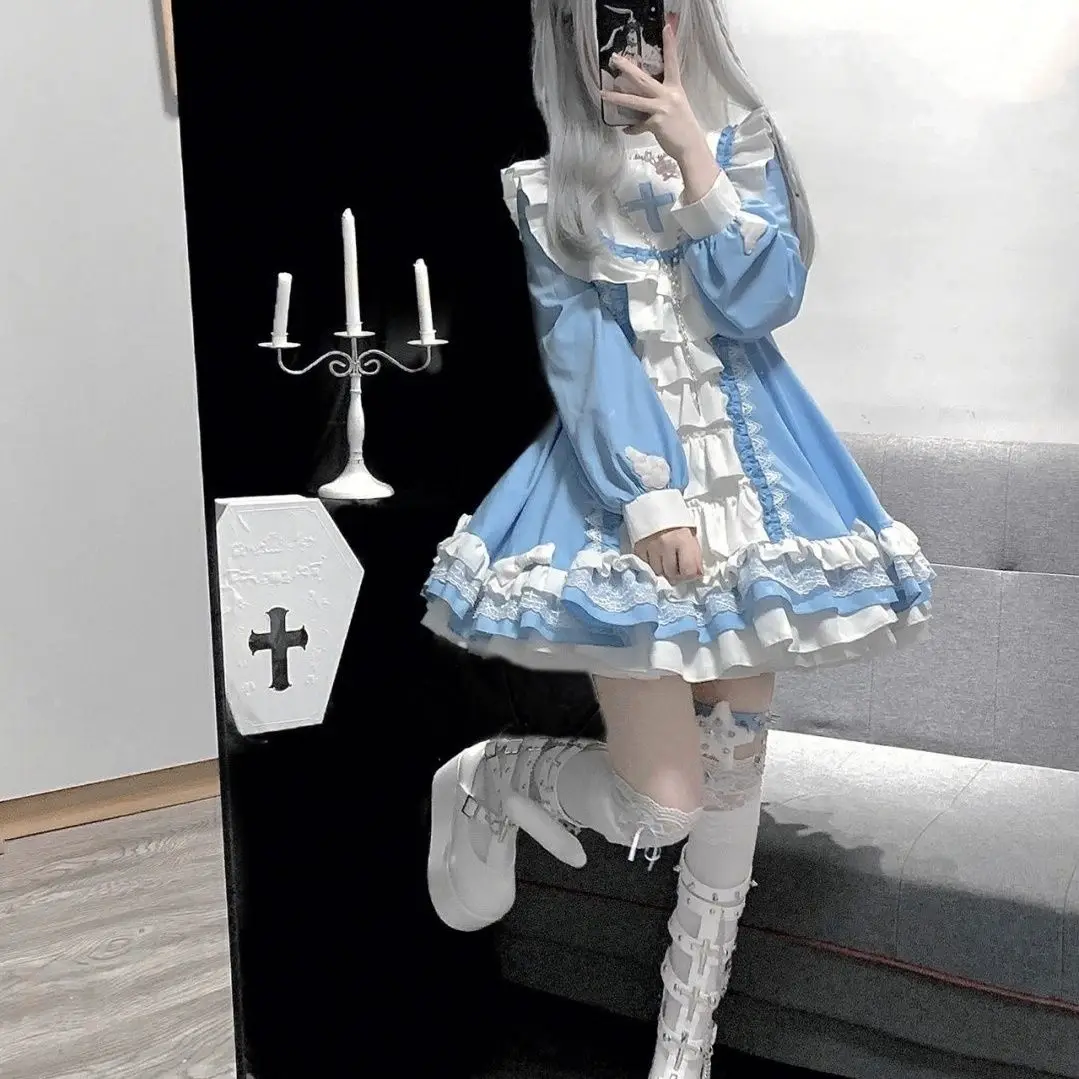 

Japan Harajuku Gothic Lolita OP Dress Women Kwaii Bow Ruffles Blue White Patchwork Princess Dresses Girl Tea Party Mini Dress