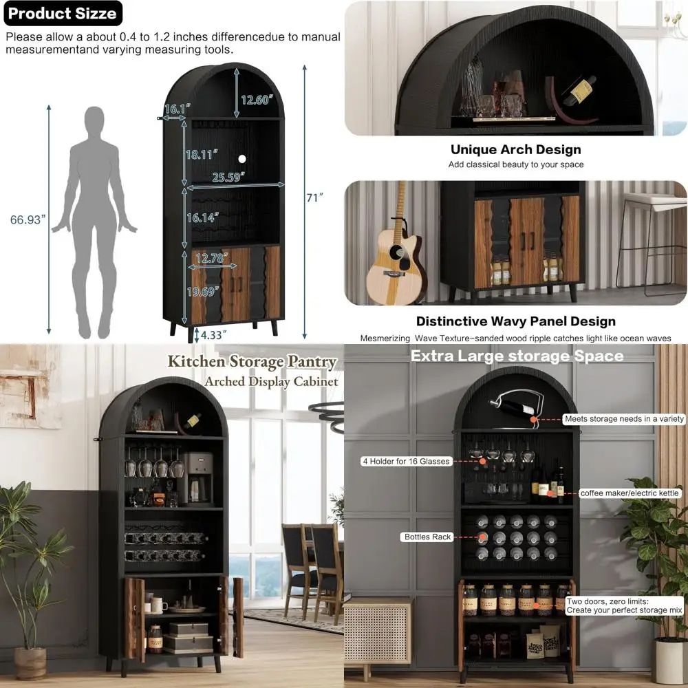 

Винный шкаф-бар высотой 71 дюйм, арочный шкаф для алкоголя с держателем для бокалов и винной полкой, деревянный шкаф для хранения, универсальный шкаф-комод, кладовая