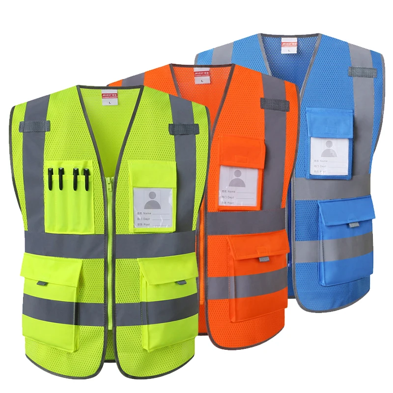 7 Pockets Class 2 High Visibility Zipper Front Safety Vest With Reflective Strips Night Security Vest Safety Clothing Workwear