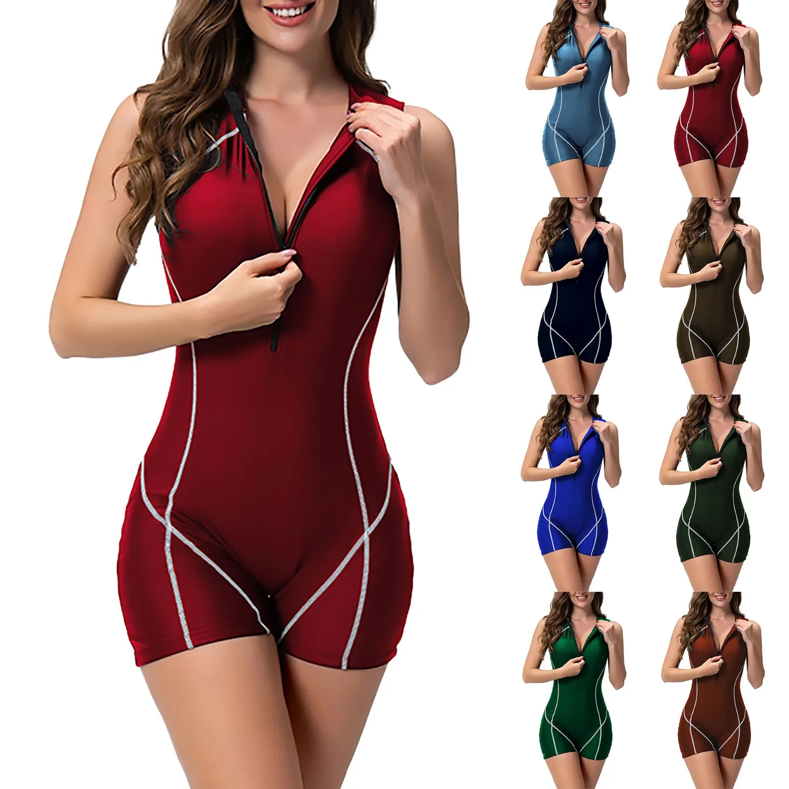 Women's One Swimsuit Round Neck Contrasting Line Design Short Sleeved One Swimsuit Surf Suit