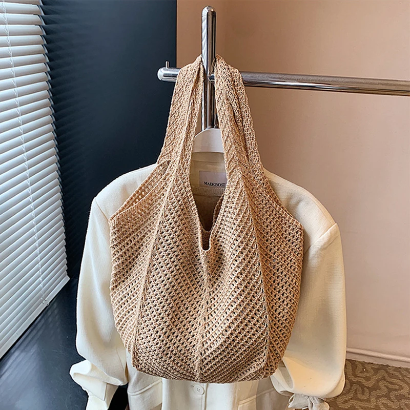 Damen Strick-Schultertasche, Durchbrochene Häkel-Netztasche, Große Kapazität Gestrickte Tragetasche, Damen Alltagstasche