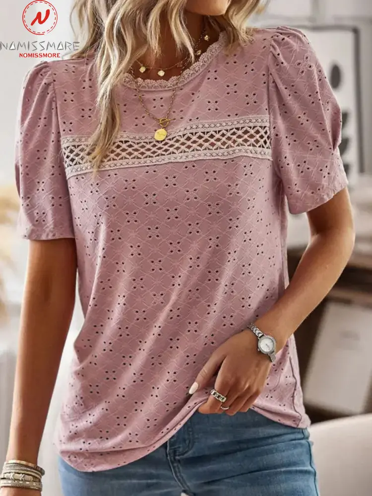 

Women Elegant Casual T-shirt 2023 Summer Solid Hollow Out Design Lace Decor See Through O-Neck Short Sleeve Loose Pullovers