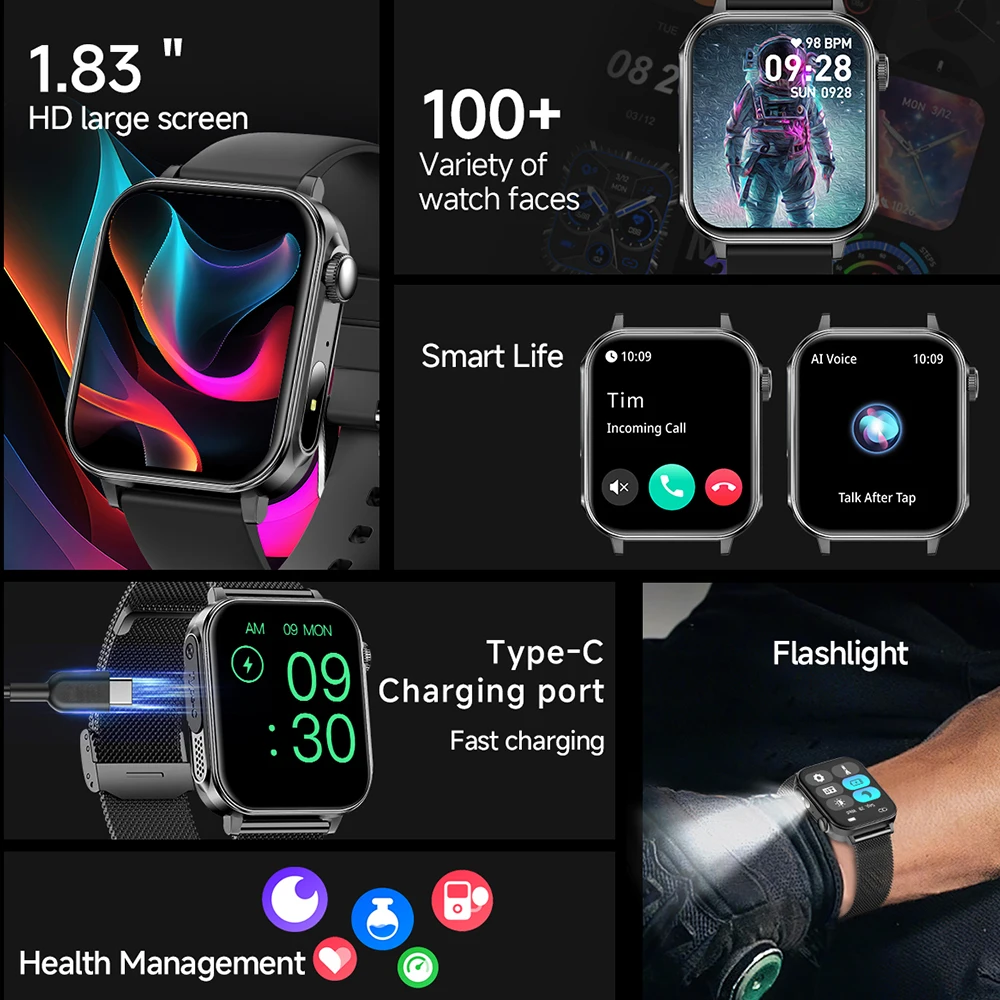 V96 Mannen Vrouwen Smart Horloge 1.83 inch HD Scherm Zaklamp Gezondheid Tracker Bluetooth Bellen Sport Smartwatch IP67 Waterdicht Horloge