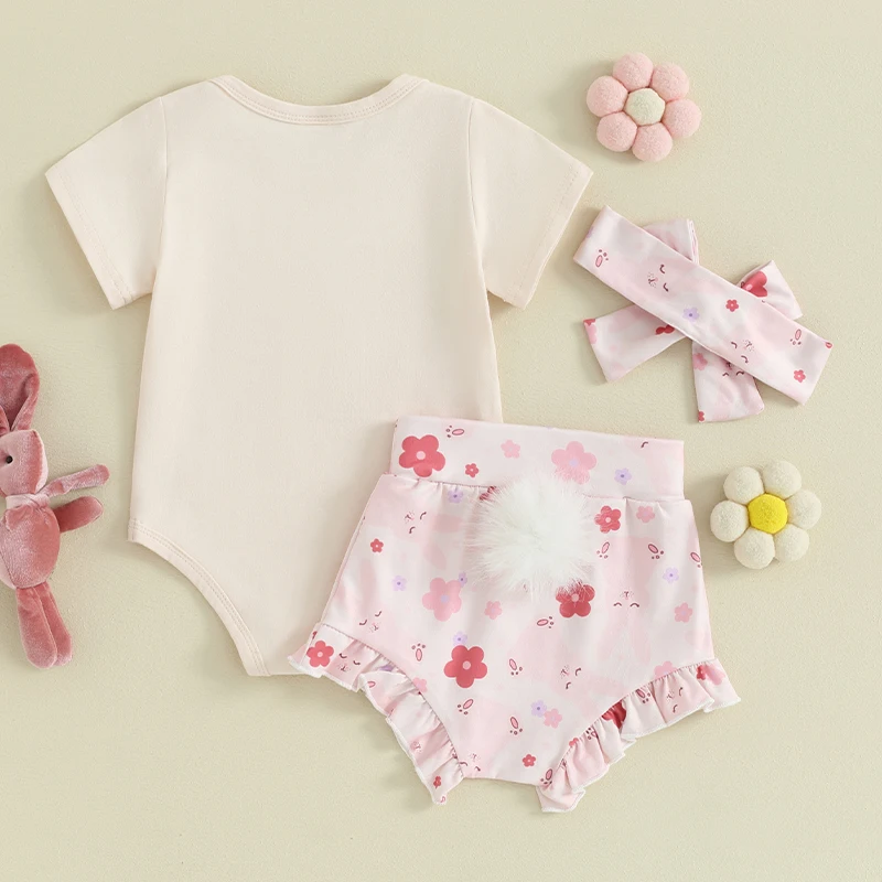 

3Pcs Infant Baby Girl Easter Outfits Bunny Short Sleeve Romper Pompom Shorts Bloomers with Headband Summer Clothes