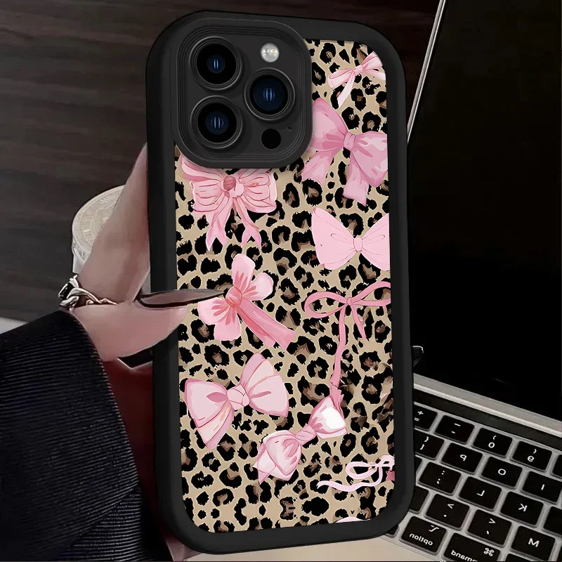 ليوبارد طباعة الوردي القوس قضية الهاتف آيفون 17 الهواء 16 16E 15 14 13 12 11 برو ماكس X XS X S ماكس XR SE 2020 SE4 7 8 غطاء سيليكون