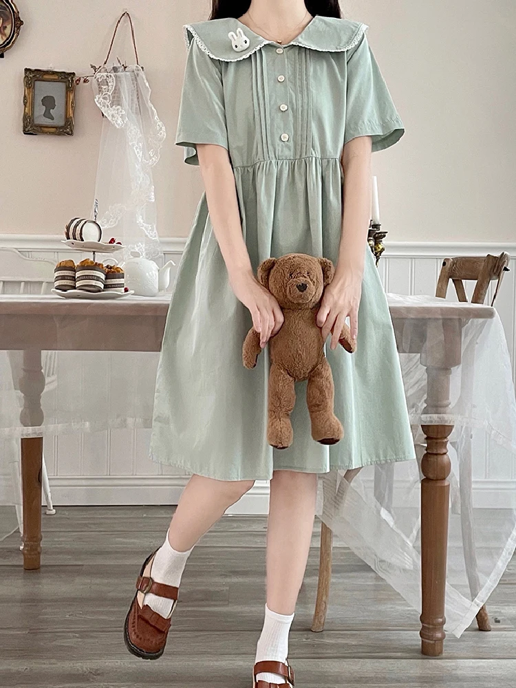 Japanese Kawaii Green Red Mori Girl Dress Women's Summer Peter Pan Collar Short Sleeve Preppy Style Mid Dresses Elegant Clothing