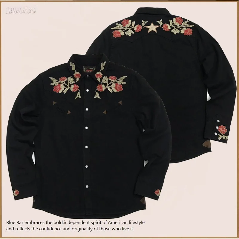 

Navajo Floral Musician Long Sleeve Cotton Denim Shirt American Western Retro Blue Bar Black Men's Breathable Thickened Shirt