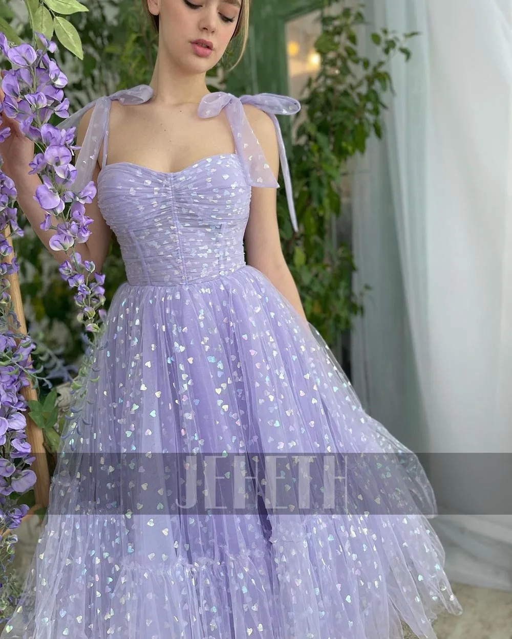 JEHETH Coração Roxo Imprimir Prom Dress Querida Tule Bow Correias Tornozelo Comprimento Vestidos de noite Backless A-Line Festa Formal فساتين