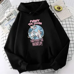 OFFICIAL ANIMANIACS PINKY AND THE BRAIN 'TAKE OVER THE WORLD' BLACK Graphic Sweatshirts Lady Print Casual Graphic Hoodies